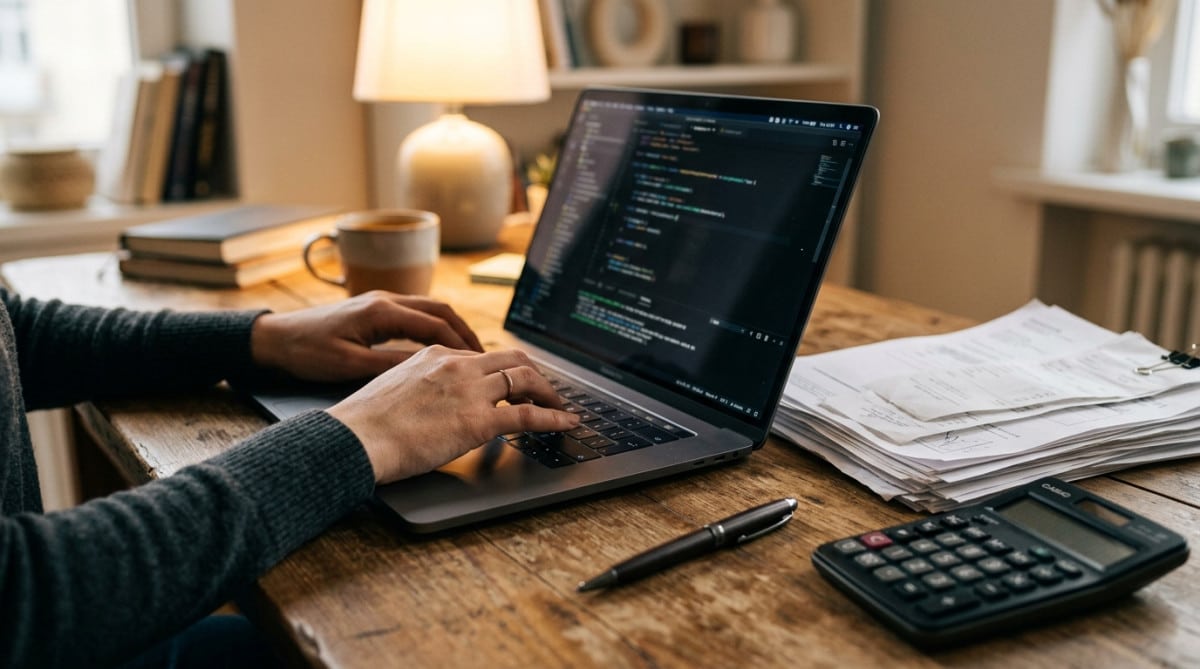 Mains sur un clavier avec factures et calculatrice