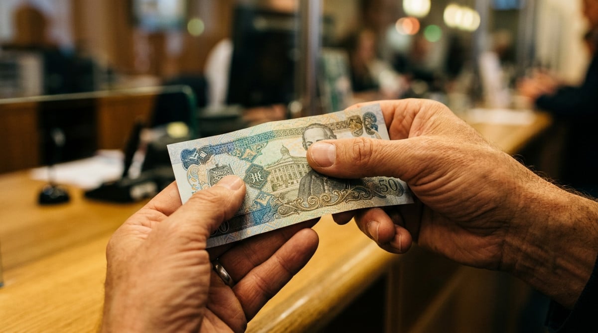 Mains tenant un billet de banque neuf froissé