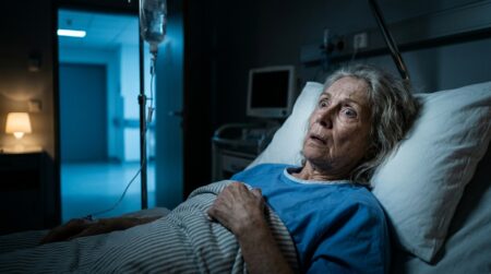Patient âgé effrayé dans un lit d'hôpital la nuit
