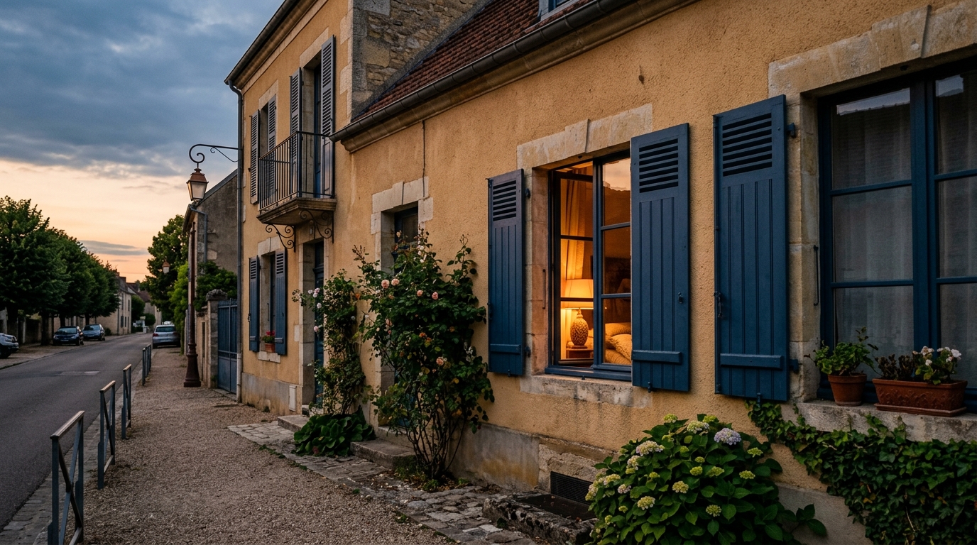 Volet entrouvert avec lumière allumée le soir