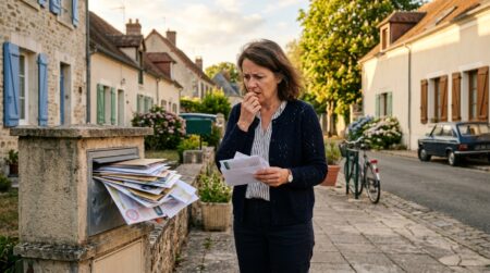 Femme inquiète devant une boîte aux lettres débordant de courrier