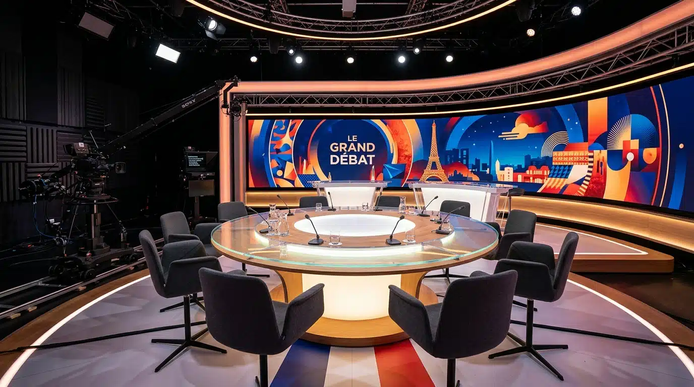 Plateau télé vide avec table ronde et projecteurs colorés