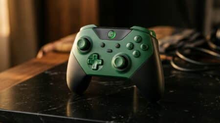 Manette de jeu vidéo au design rétro sur fond sombre