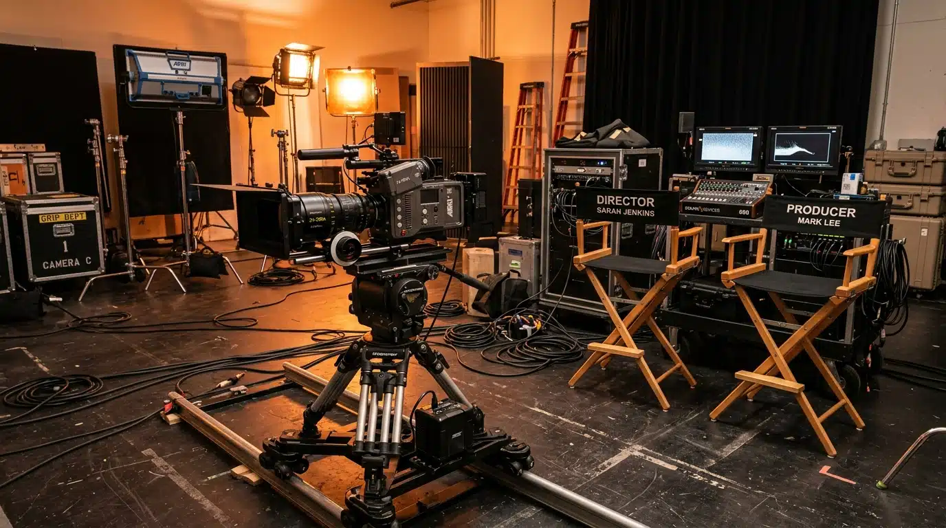 Coulisses d'un tournage professionnel avec matériel de caméra