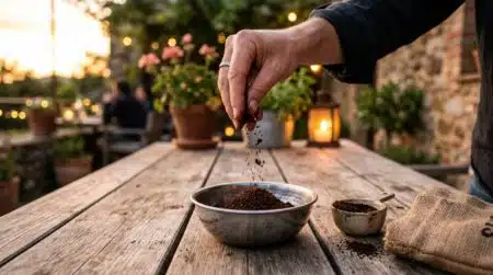 Marc de café séché dans une coupelle sur une terrasse
