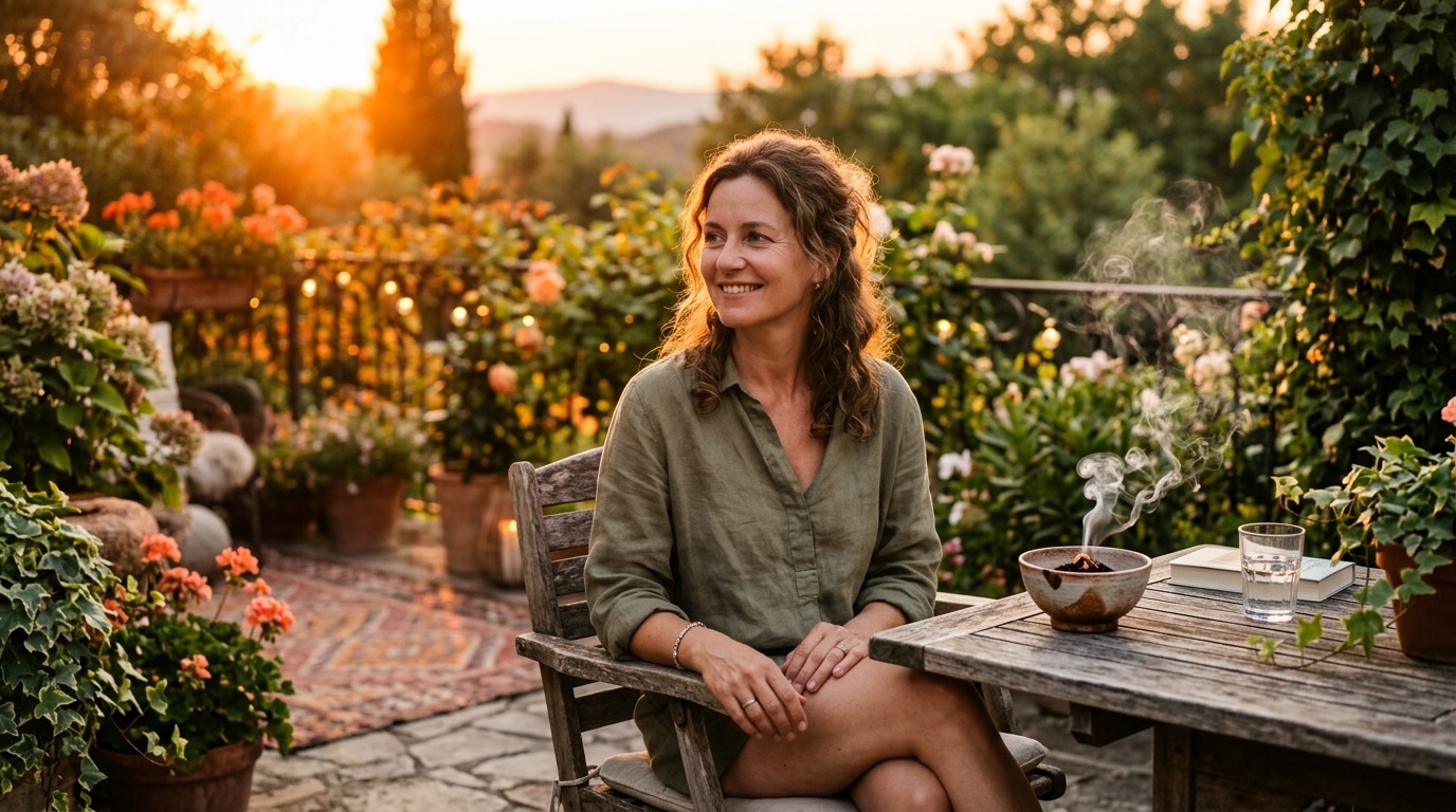 Femme profitant de sa terrasse grâce au marc de café brûlé