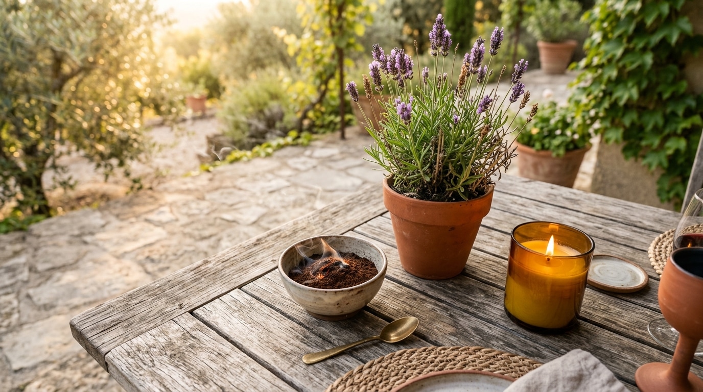 Table de terrasse avec marc de café et plantes anti-moustiques