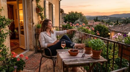 Personne détendue sur un balcon avec coupelle de marc de café