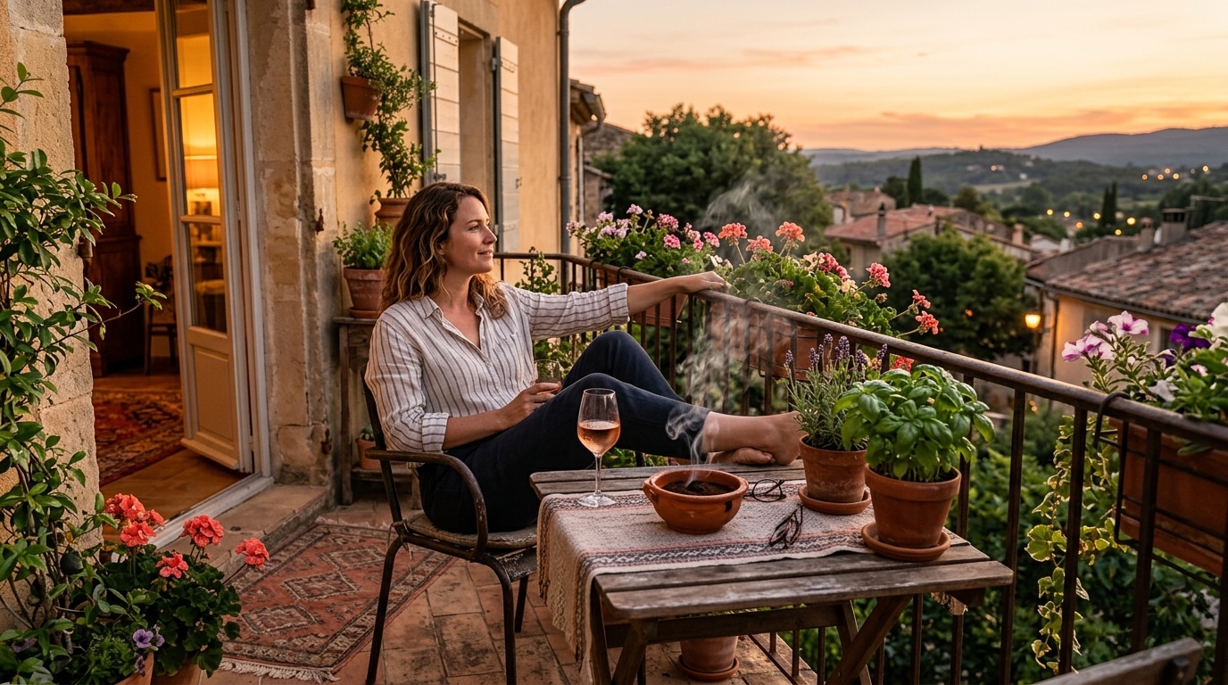 Personne détendue sur un balcon avec coupelle de marc de café