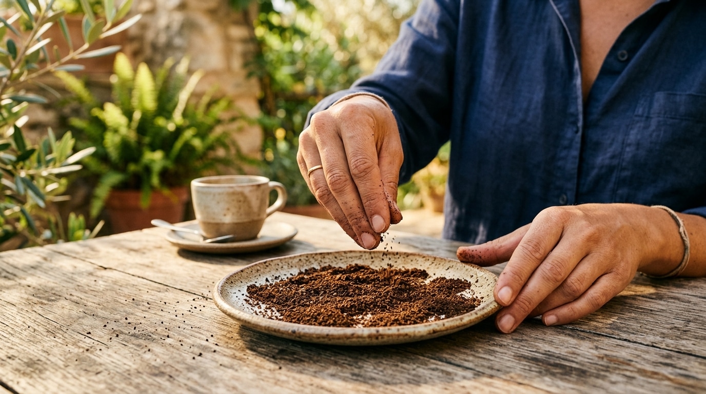 Mains étalant du marc de café séché sur une assiette