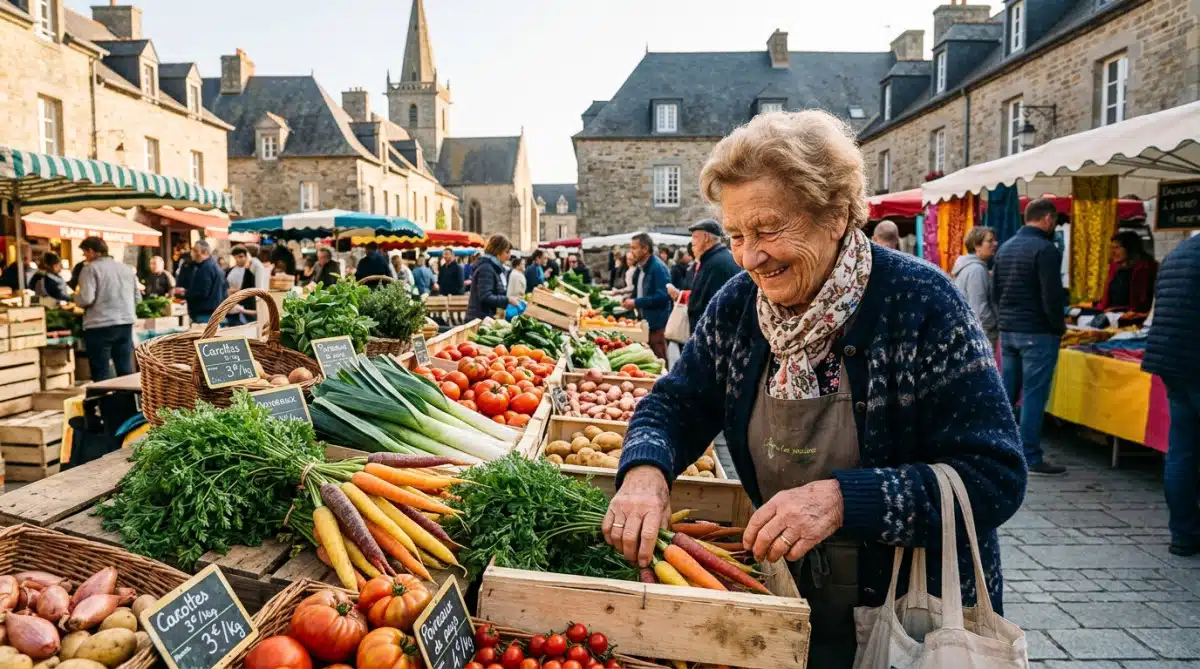 Marché breton avec légumes frais et cliente souriante