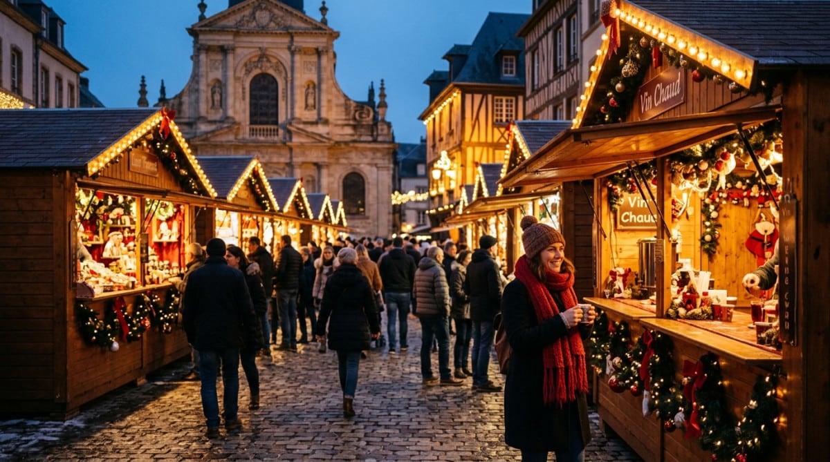 Marché de Noël avec chalets en bois illuminés le soir