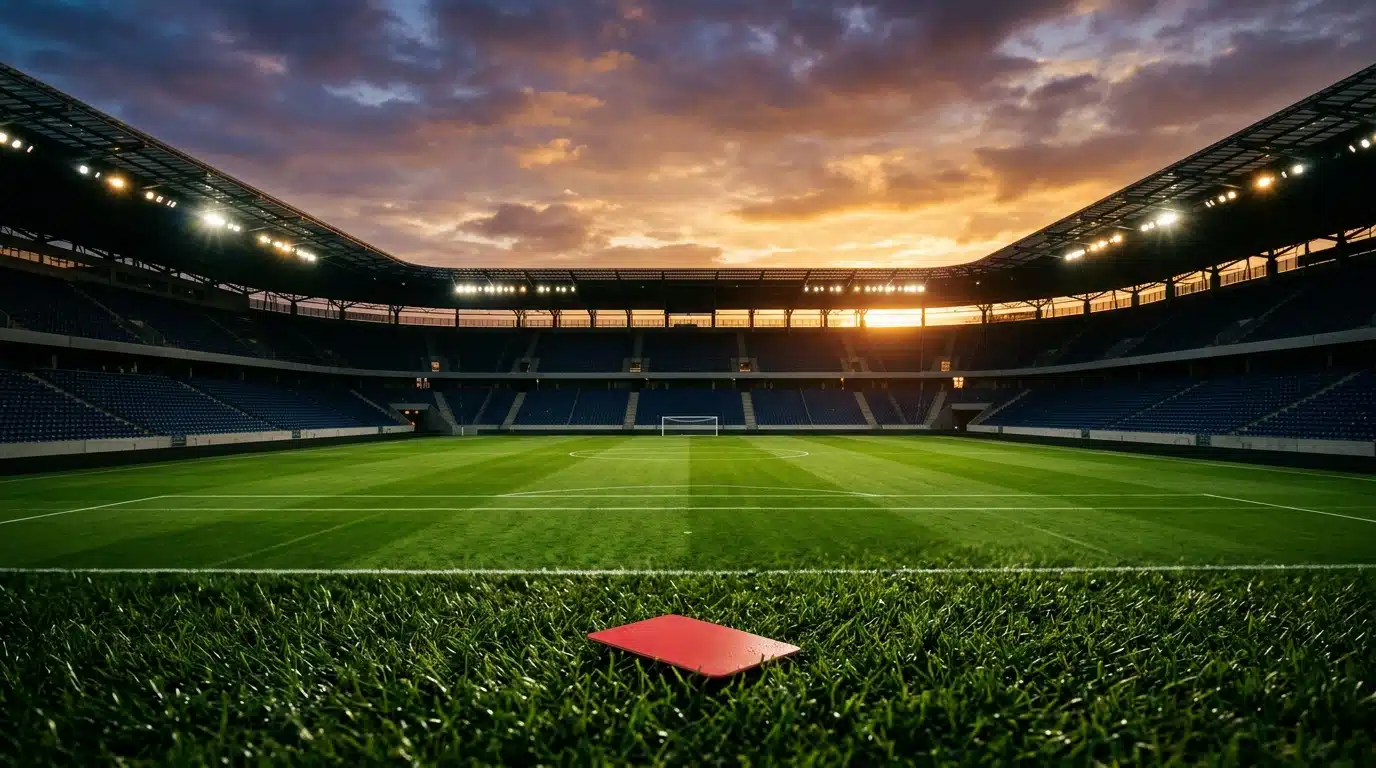 Carton rouge posé sur une pelouse de stade vide