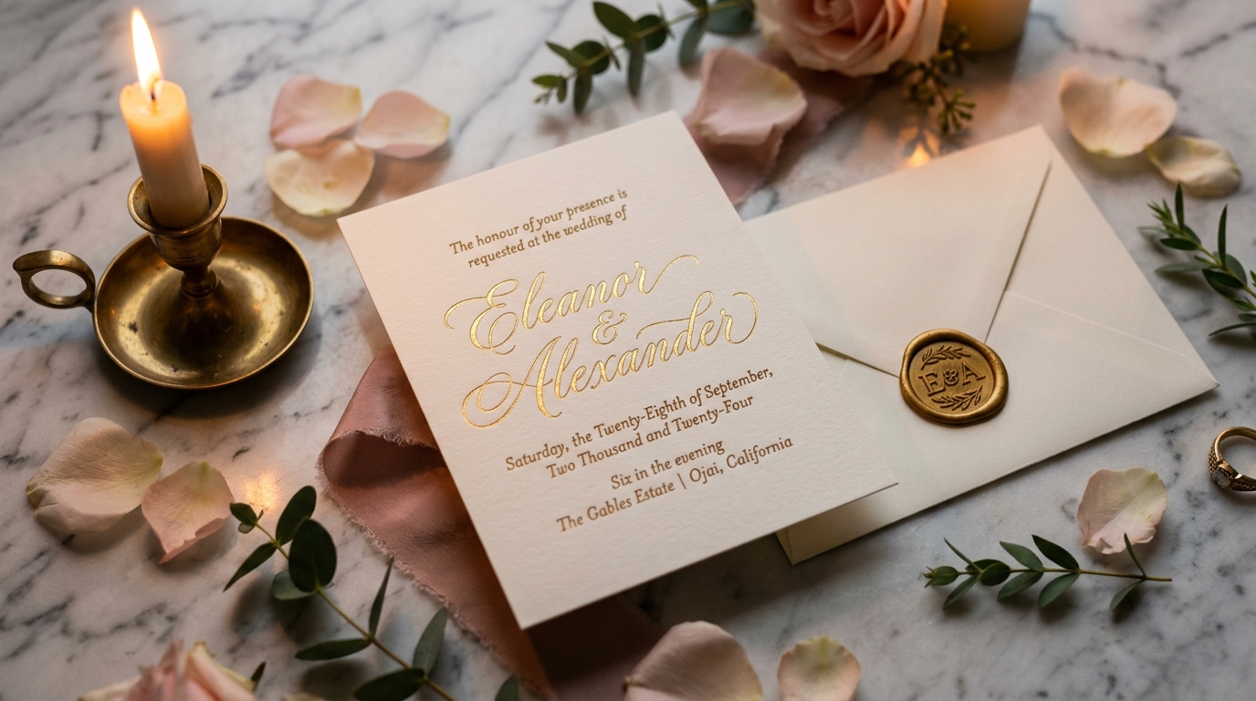 Invitation de mariage dorée sous une lumière chaleureuse