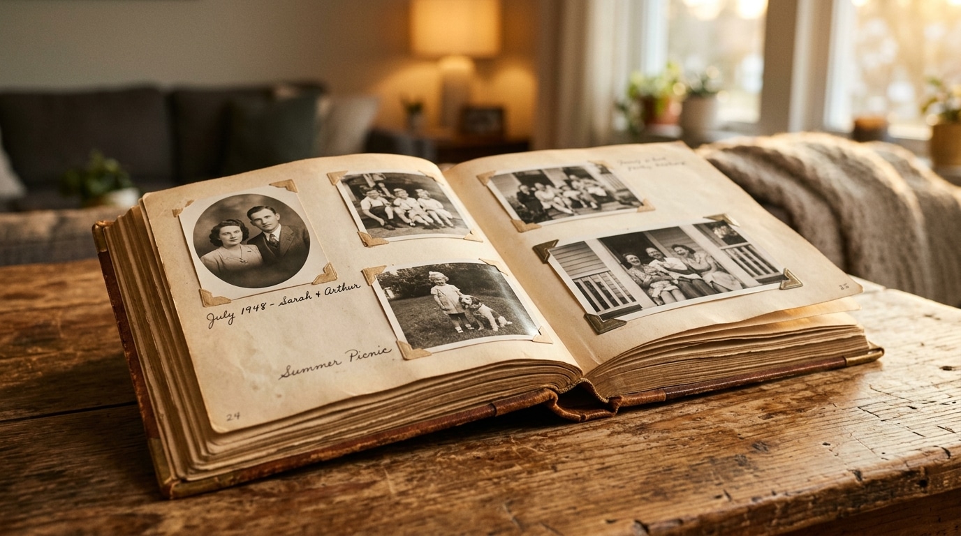 Album photo de famille ancien ouvert sur une table en bois dans une lumière dorée