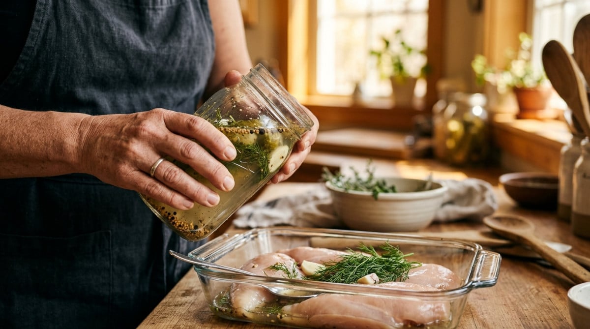 Marinade de poulet dans un bocal de jus de cornichons