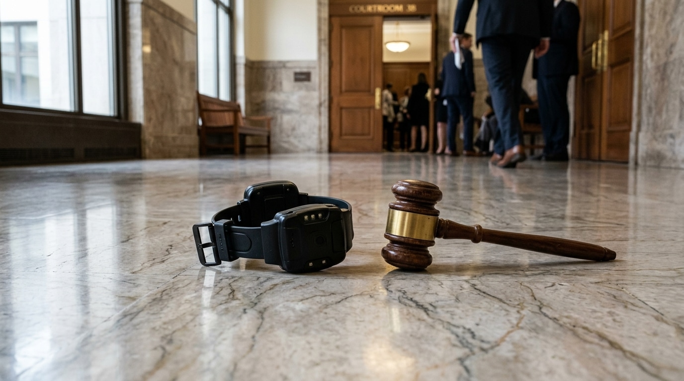 Bracelet électronique posé sur un sol de tribunal en marbre