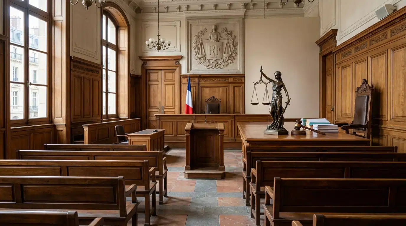 Salle d'audience vide symbolisant la décision de justice rendue