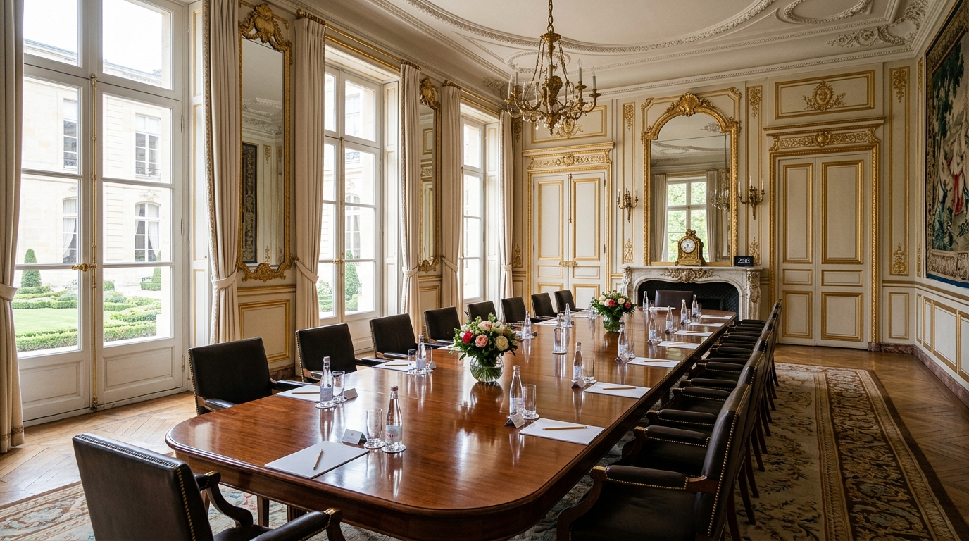 Salle de réunion vide à Matignon avec grande table en bois et chaises en cuir