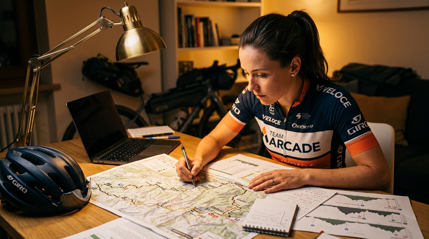 Femme méticuleuse préparant un parcours cycliste