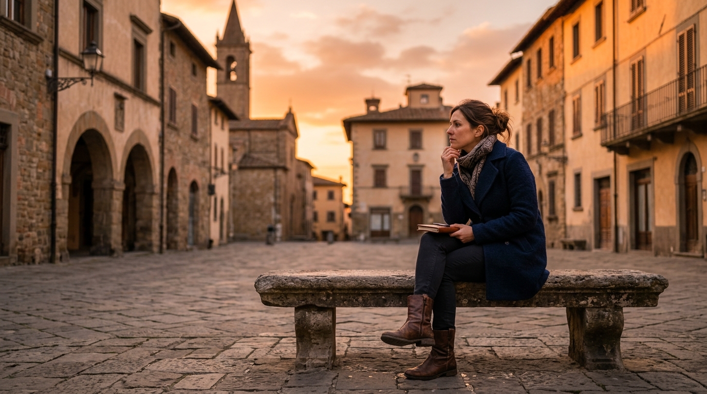 Femme pensive seule à l'heure dorée du soir