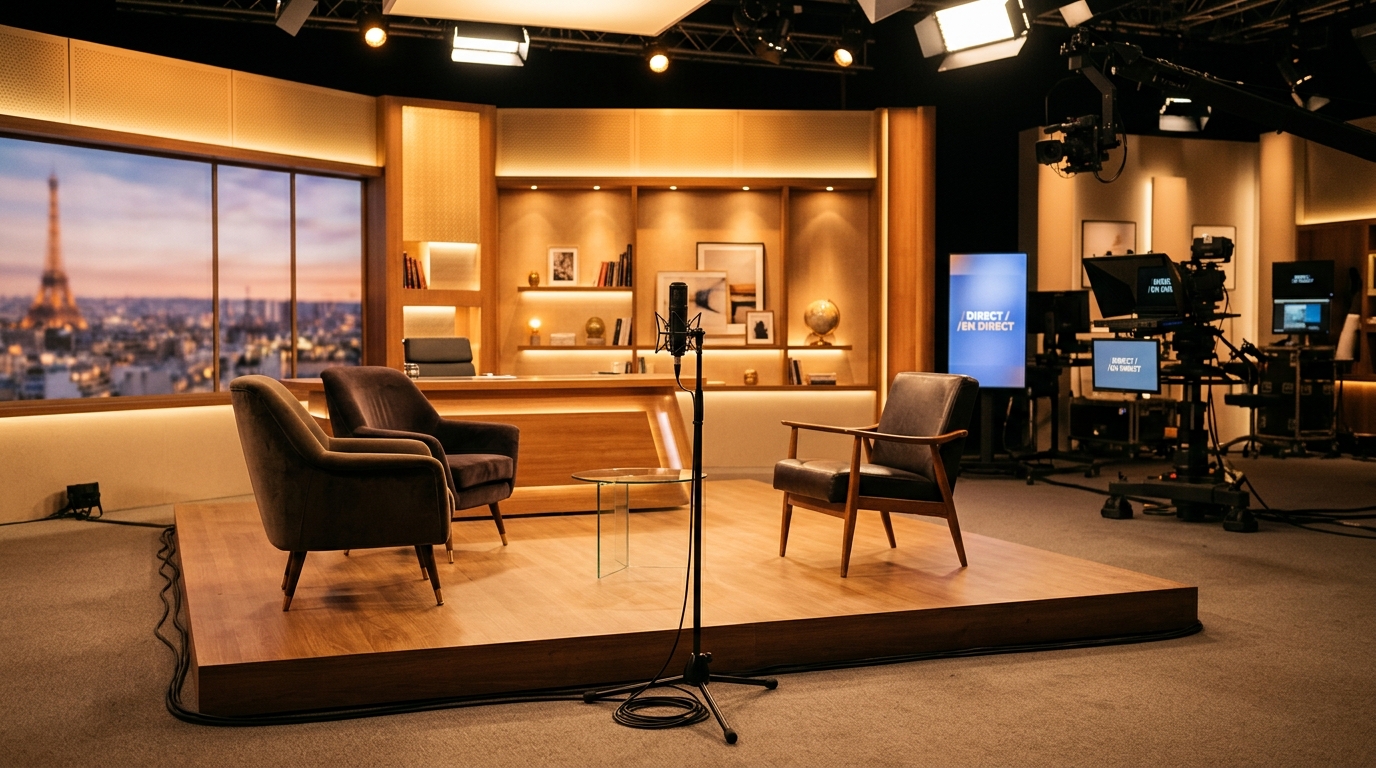 Plateau de télévision avec micro tendu, ambiance studio chaleureuse évoquant une interview
