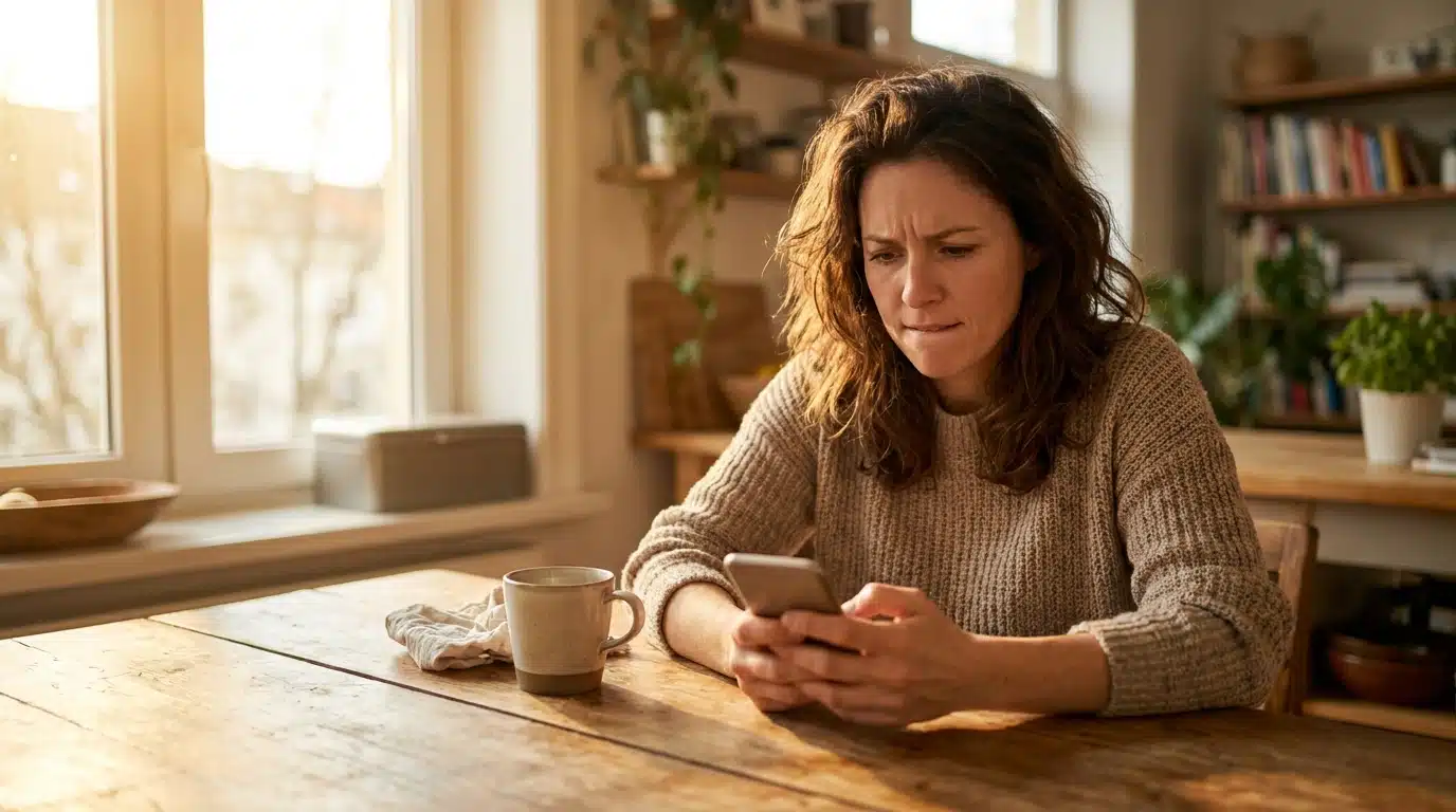 Femme inquiète consultant son téléphone le matin