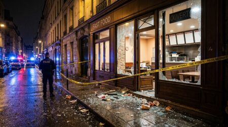 Vitrine de snack brisée dans une rue de nuit