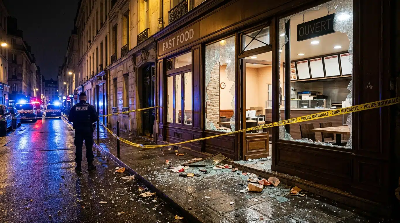 Vitrine de snack brisée dans une rue de nuit