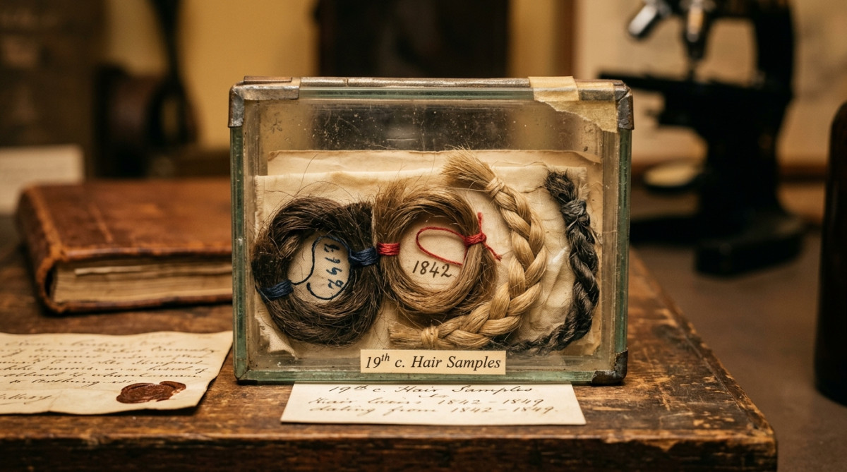 Mèche de cheveux ancienne analysée en laboratoire scientifique
