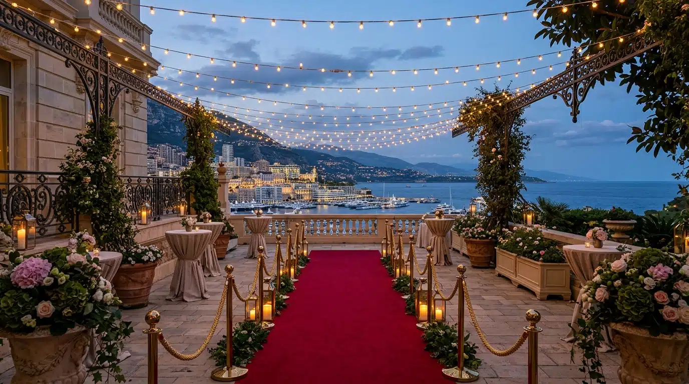 Terrasse de gala illuminée à Monaco au crépuscule avec lumières et tapis rouge