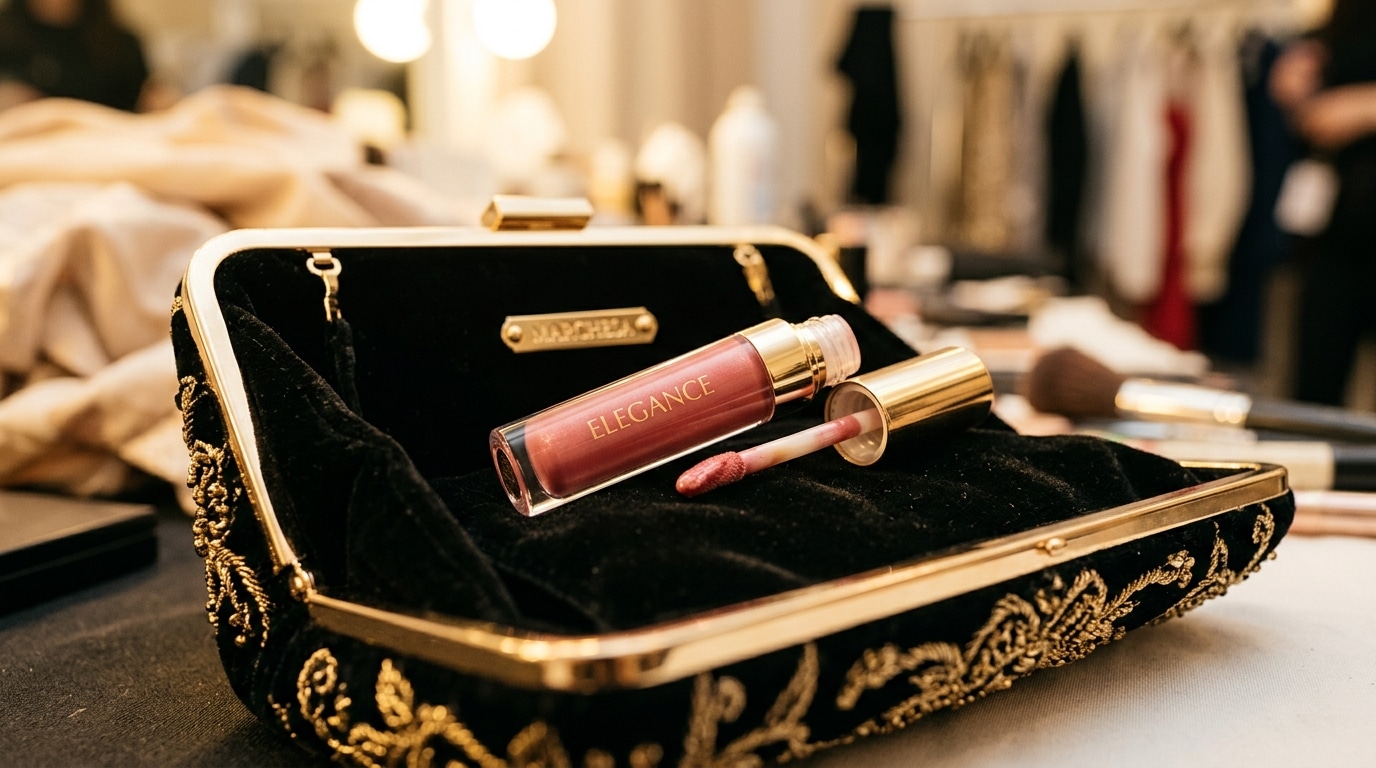 Tube de gloss ouvert sur pochette de soirée en velours