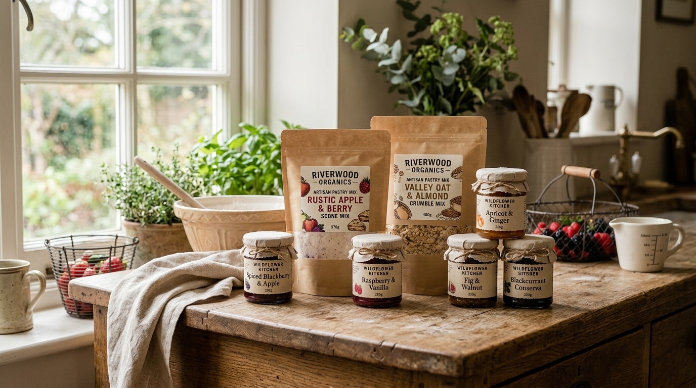 Pots de confiture artisanale et mélanges à pâtisserie sur un comptoir en bois chaleureux