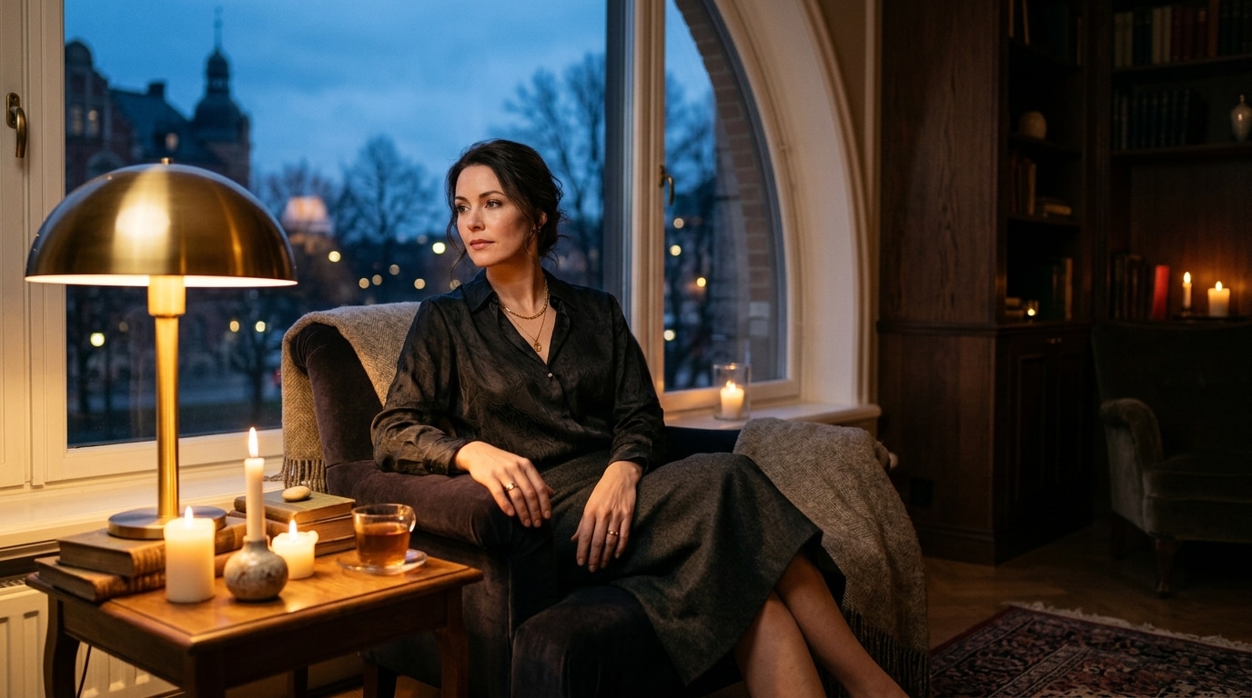 Femme pensive dans une lumière chaude et mystique