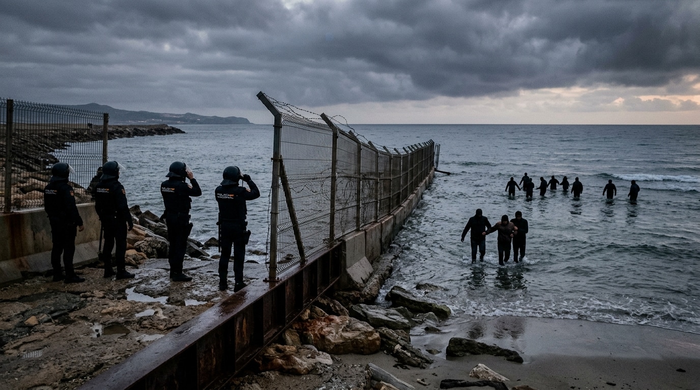 Policiers et migrants près d'une frontière côtière méditerranéenne