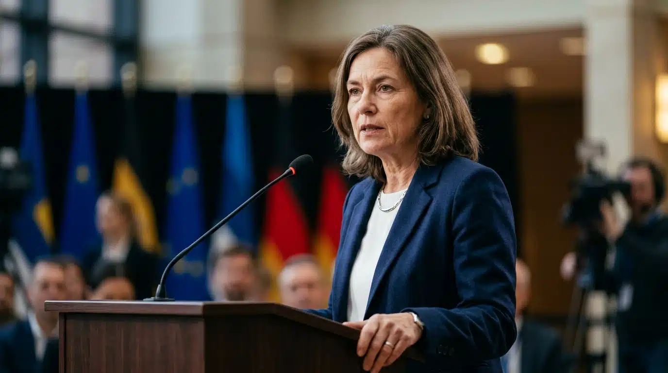 Portrait d'une responsable politique européenne à la tribune