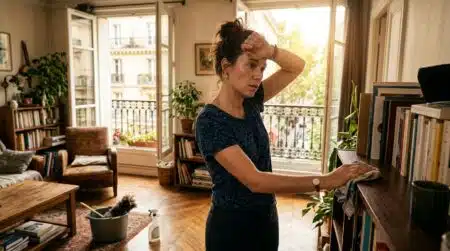Femme épuisée nettoyant un salon ensoleillé en canicule
