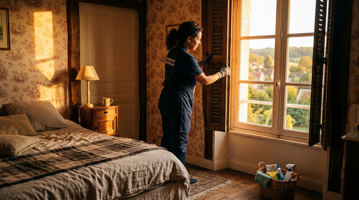 Professionnelle fermant les volets d'une chambre le matin