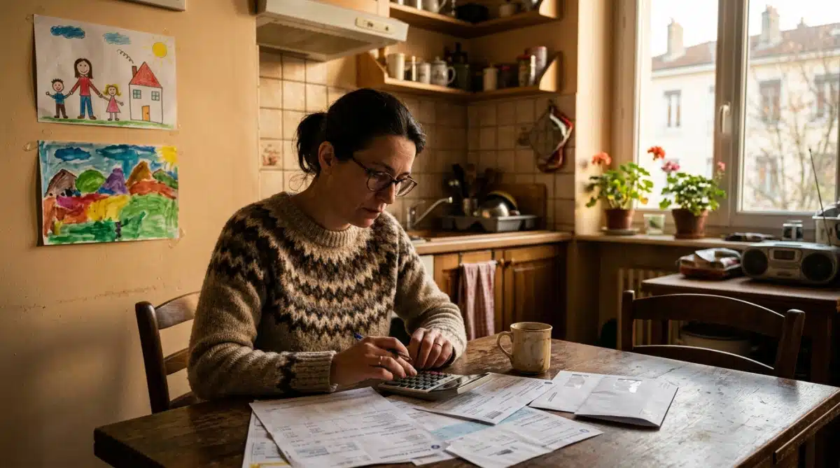Mère de famille calculant son budget mensuel à table