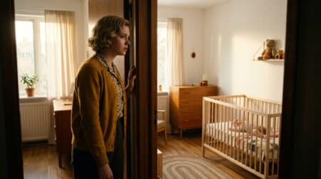 Mère inquiète devant la chambre de bébé isolée