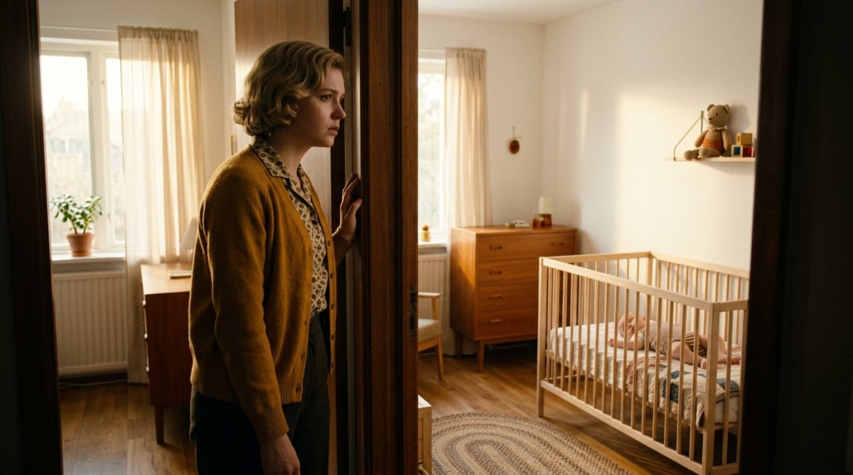 Mère inquiète devant la chambre de bébé isolée