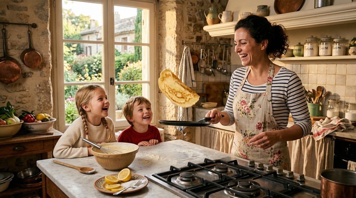 Mère préparant des crêpes en famille dans la cuisine
