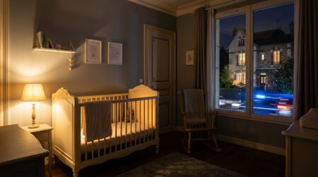 Chambre de bébé vide la nuit dans un pavillon
