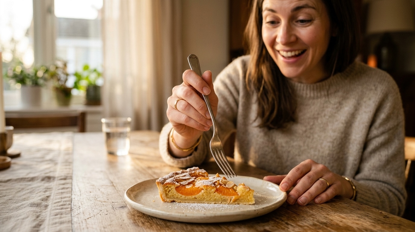Personne souriante dégustant une part de tarte