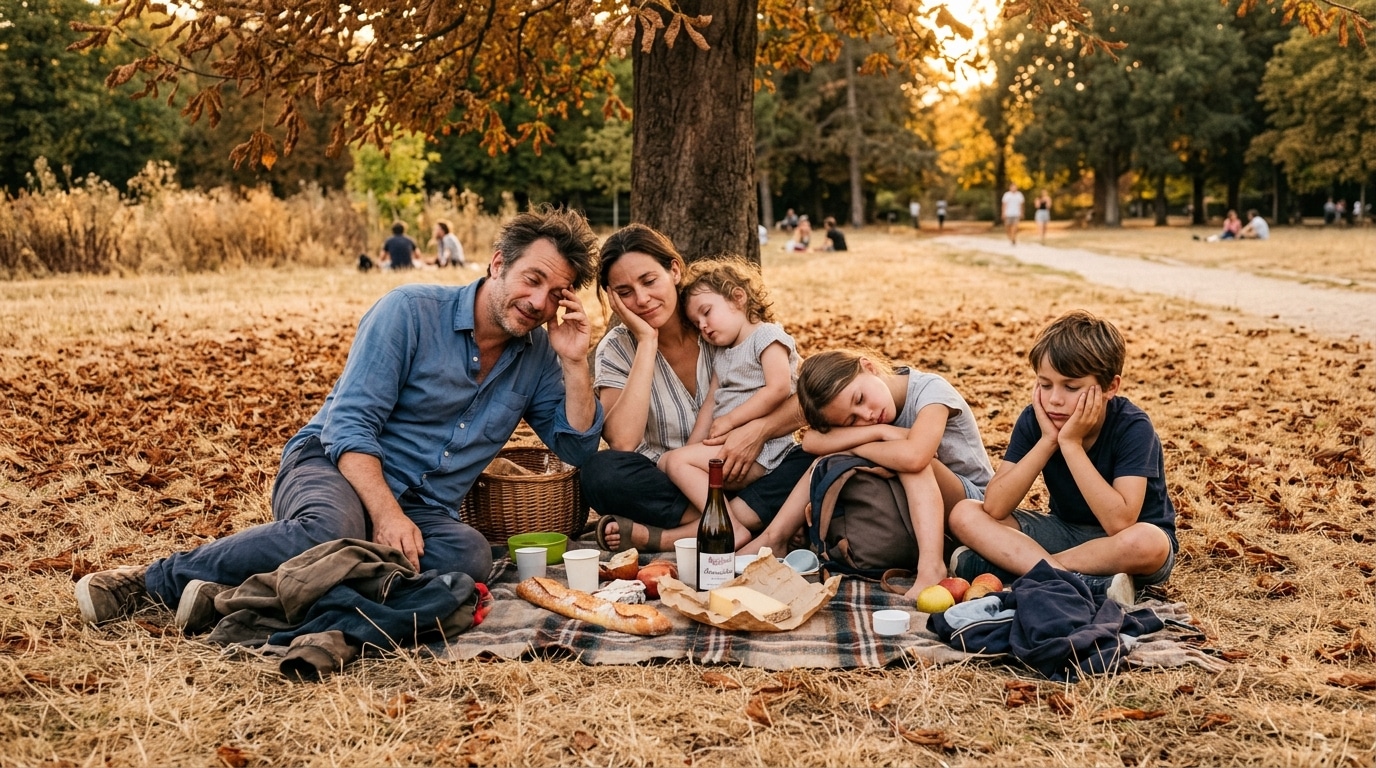 Famille épuisée pique-niquant après la canicule au parc