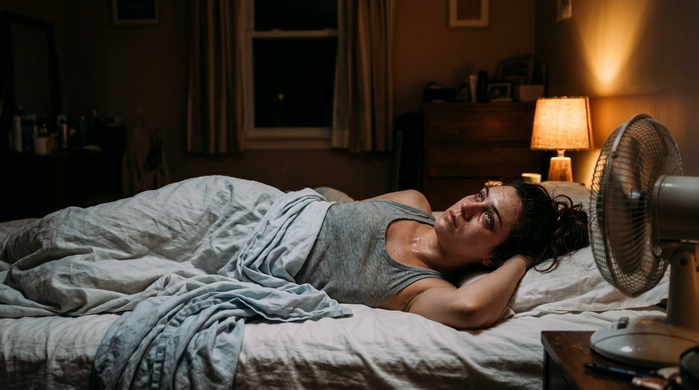 Femme fatiguée ne trouvant pas le sommeil en pleine chaleur