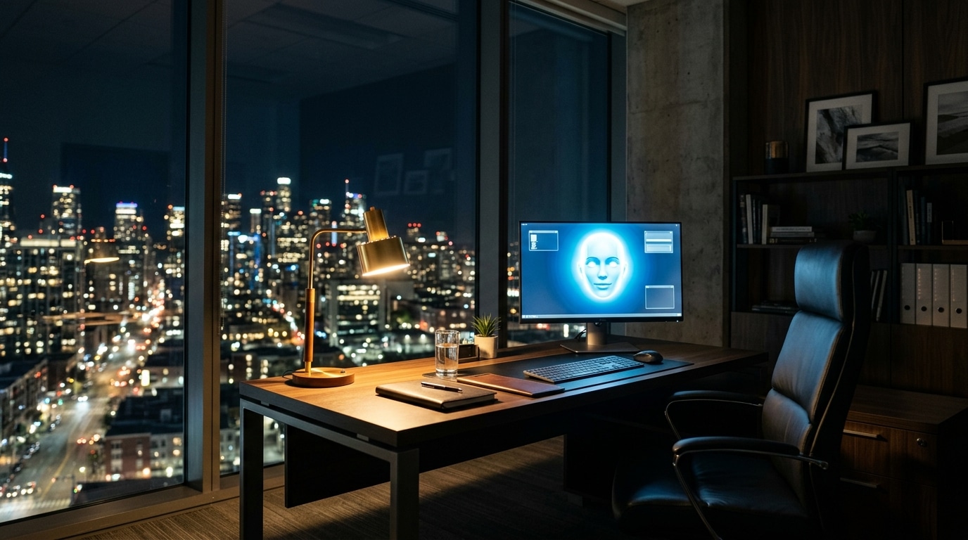 Bureau vide la nuit avec écran affichant un avatar IA allumé