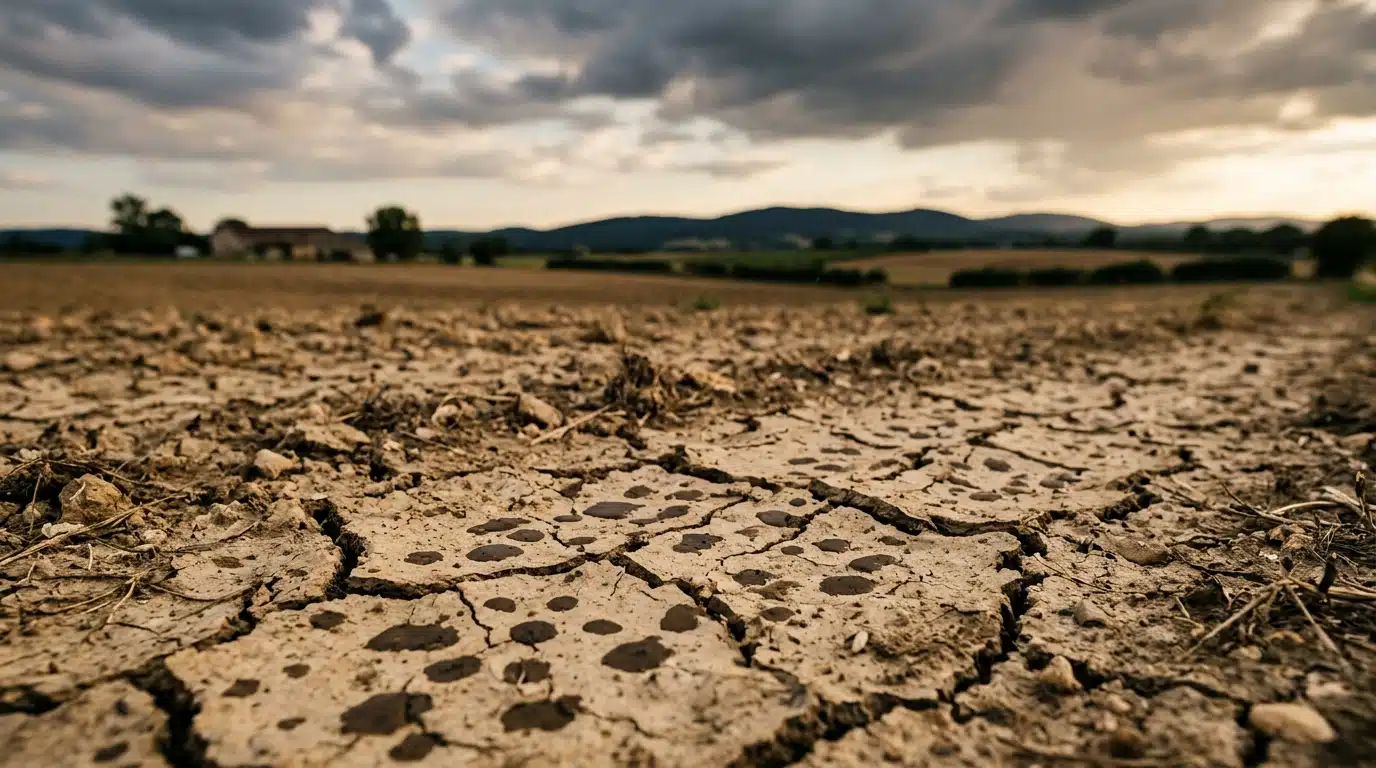 Sol asséché sous les premières gouttes de pluie