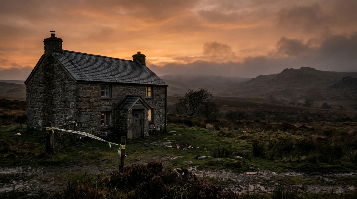 Cottage isolé près de Dartmoor avec ruban de police au crépuscule