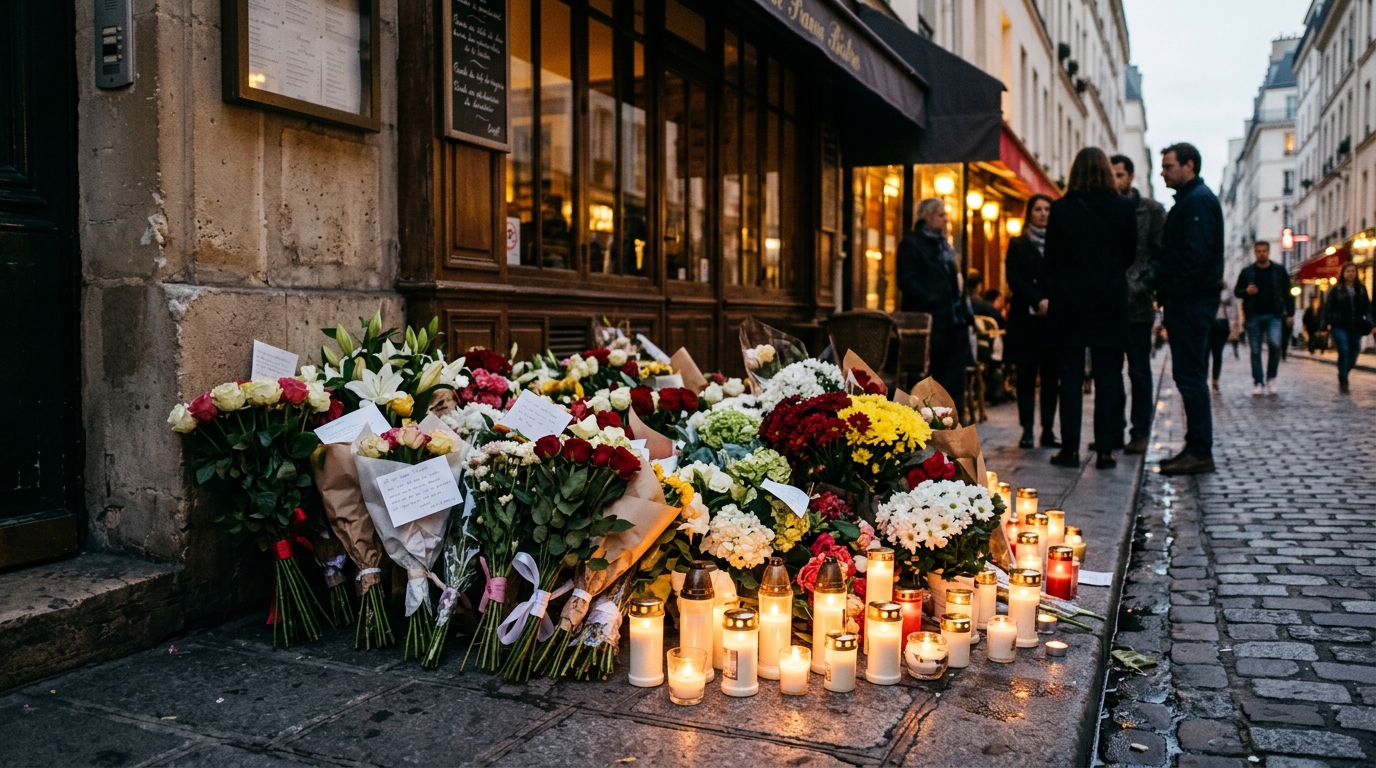 Fleurs et bougies déposées en hommage à Aymen